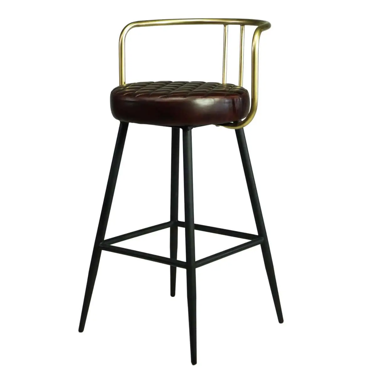 Design Barstuhl mit bequemen Sitzgefühl – Ledersitz aus Bueffelleder, Rückenlehne Messing-farben und Fußstütze