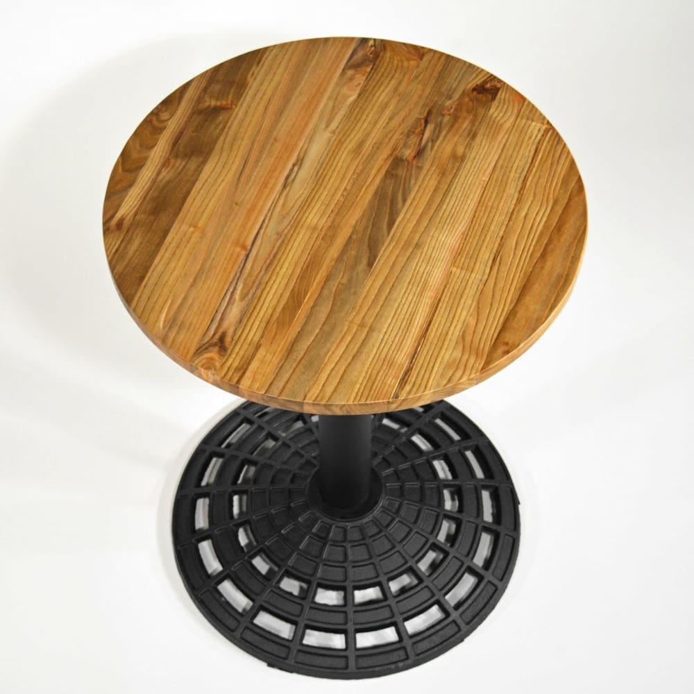 Kleiner Esstisch rund, Holzplatte und Gestell Gusseisen schwarz