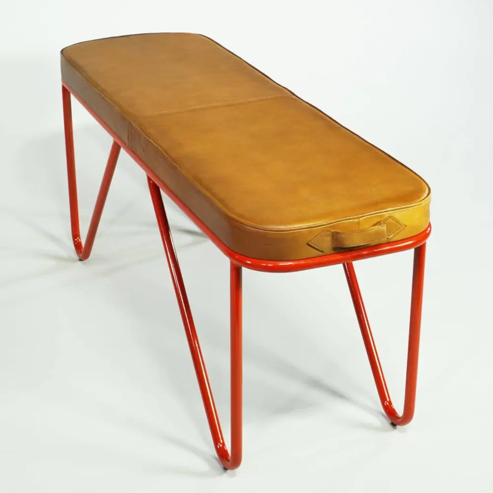 Sitzbank im schicken sportlichen Design - Vintage Turngeräte Möbel für zuhause, Braunes Echtleder-Polster