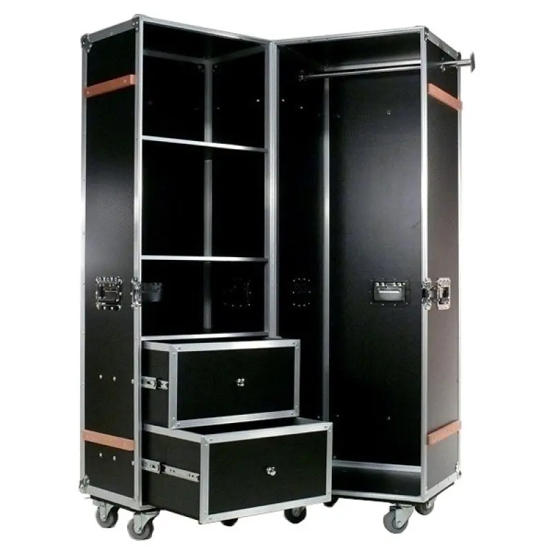 Design Schrankkoffer schwarz als Flightcase mit Rollen, die praktische Garderobe für Bueros, zuhause, Hotels und Restaurants