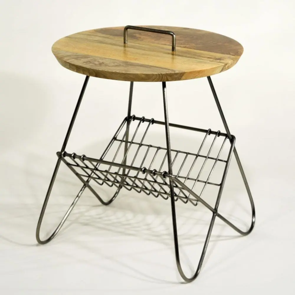 Beistelltisch, Ablagetisch rund mit Holzplatte und Gestell aus Eisen, praktische Ablage unter den Tisch, Lampentisch Retro Vintage Stil
