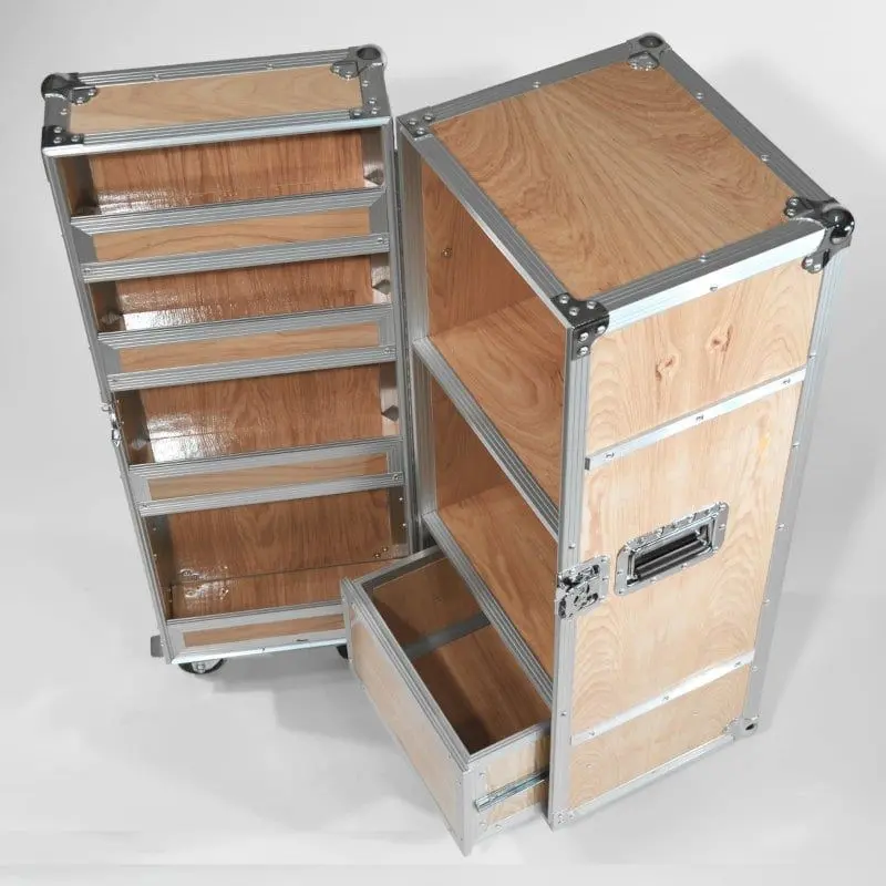 Rollschrank, Rollcontainer MultiCase Flightcase Design Flugzeugtrolley aus Holz mit Alu und Chrome