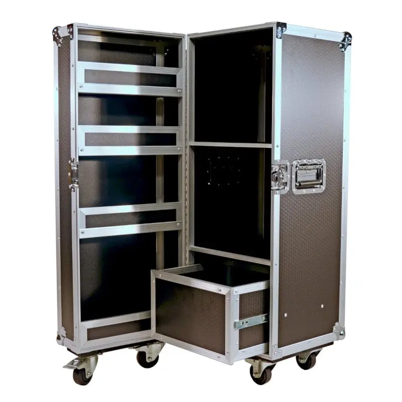 Flightcase, Rollschrank, Rollcontainer mit vielen Einsatzmöglichkeiten und Funktionen in schwarz mit Alu und Chrome, echtes Case Design Möbel