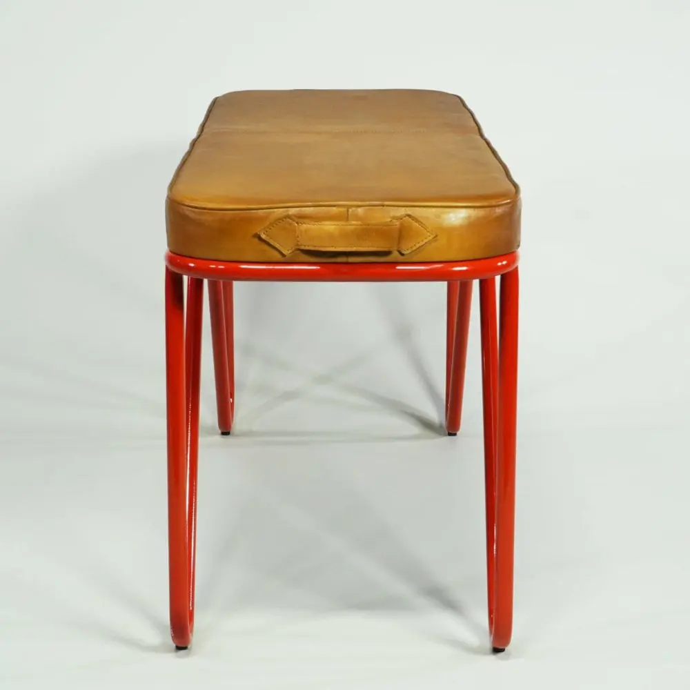 Sitzbank Lederbank puristisches Retro Vintage Design, Metallgestell rot