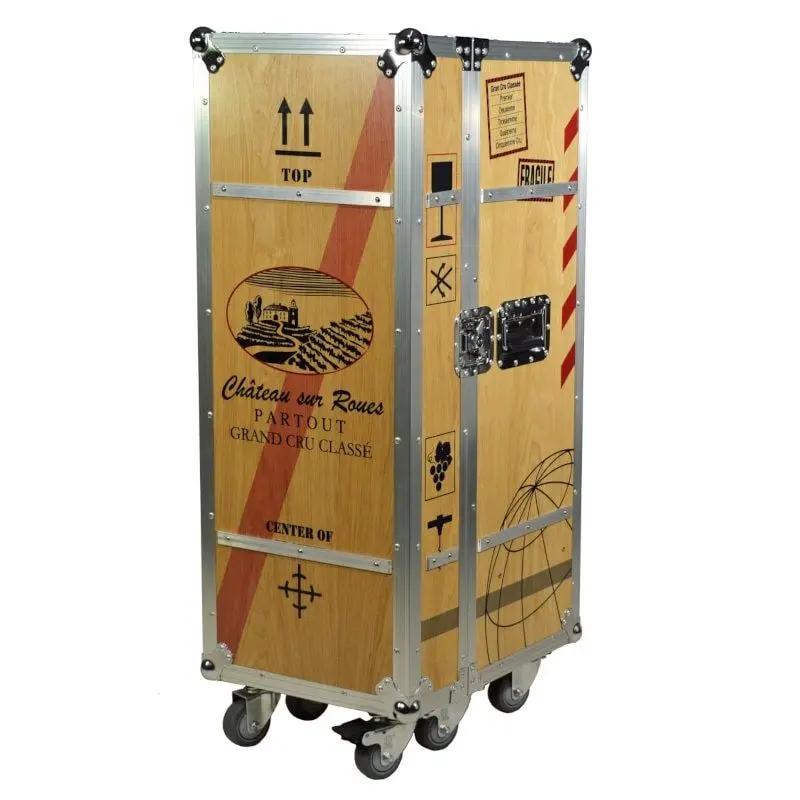 Flugzeug-Trolley Schrank, Flightcase mit Rollen, Feststellbremse, helles Holz Rollcontainer