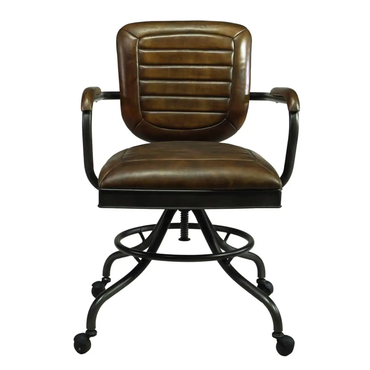 Homeoffice Schreibtischstuhl braunes Bueffelleder gepolstert mit Armlehnen und Rollen im Vintage Industrial Look