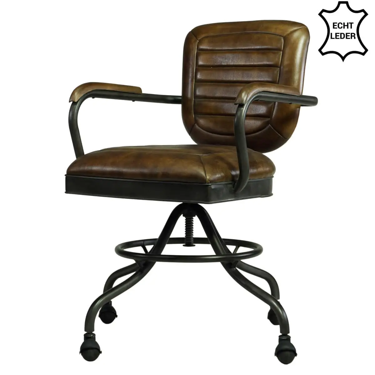 Schreibtischstuhl Vintage Design mit Armlehnen, braun gepolstert auf Rollen aus echtem Leder