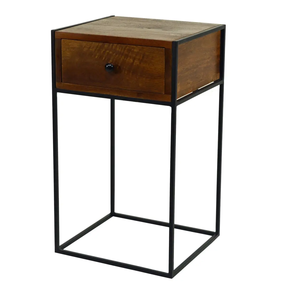 Nachttisch, Beistelltisch, Ablagentisch mit schublade, cubisches Design, klare Form, Holz Walnussbraun Dunkel, Gestell Eisen schwarz matt
