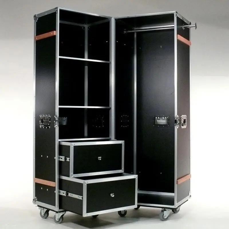 Mobiler Kleiderschranl, rollbare Garderobe als Design-Flightcase schwarz mit Schubladen, Kleiderstange, Faechern