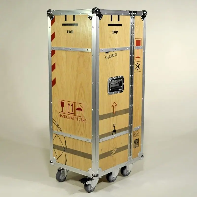 Mobiler Rollcontainer und Schrank im Flightcase Design, Schrankkoffer aus Holz wie Weinkiste