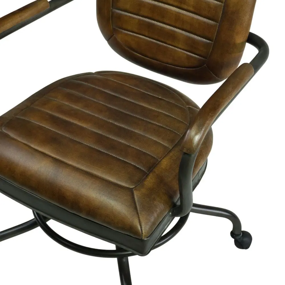 Buerostuhl Homeoffice Echtleder-Polster braun mit Armlehnen und Rollen, schicker Retro Stil