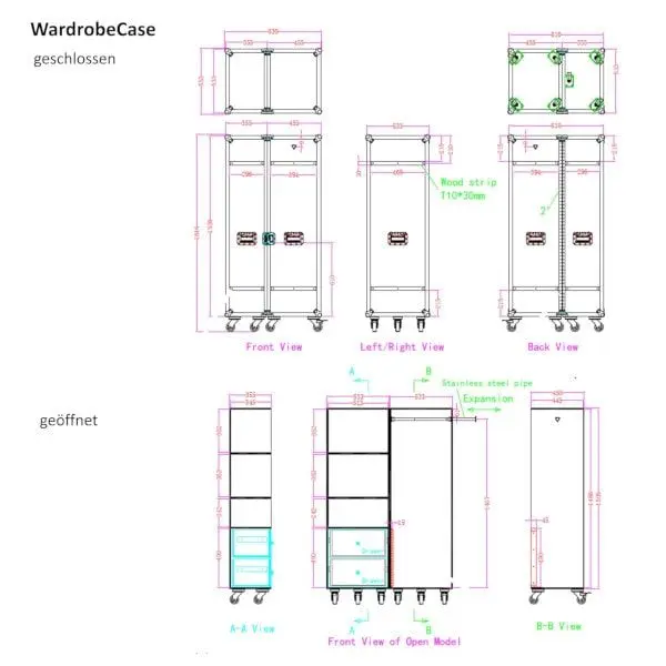 Mobiler Flightcase Designschrank, die Garderobe mit Idealmassen auf Rollen fuer mobile Menschen im schwarz mit Alu und Chrome